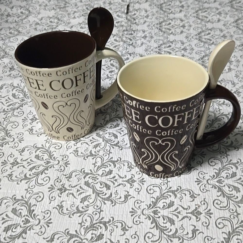Mr Coffee Biaggio Mug Set 2 Cups Spoon Stirrer MCM Retro Diner